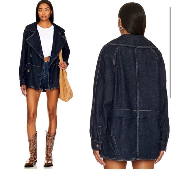 Free People Denim Jean jacket Long Sleeve Button Front Car Coat small NEW - Picture 2 of 7